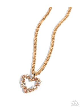 N-74 paparazzi Gold Heart Crystal Cluster Necklace - Pink & Clear